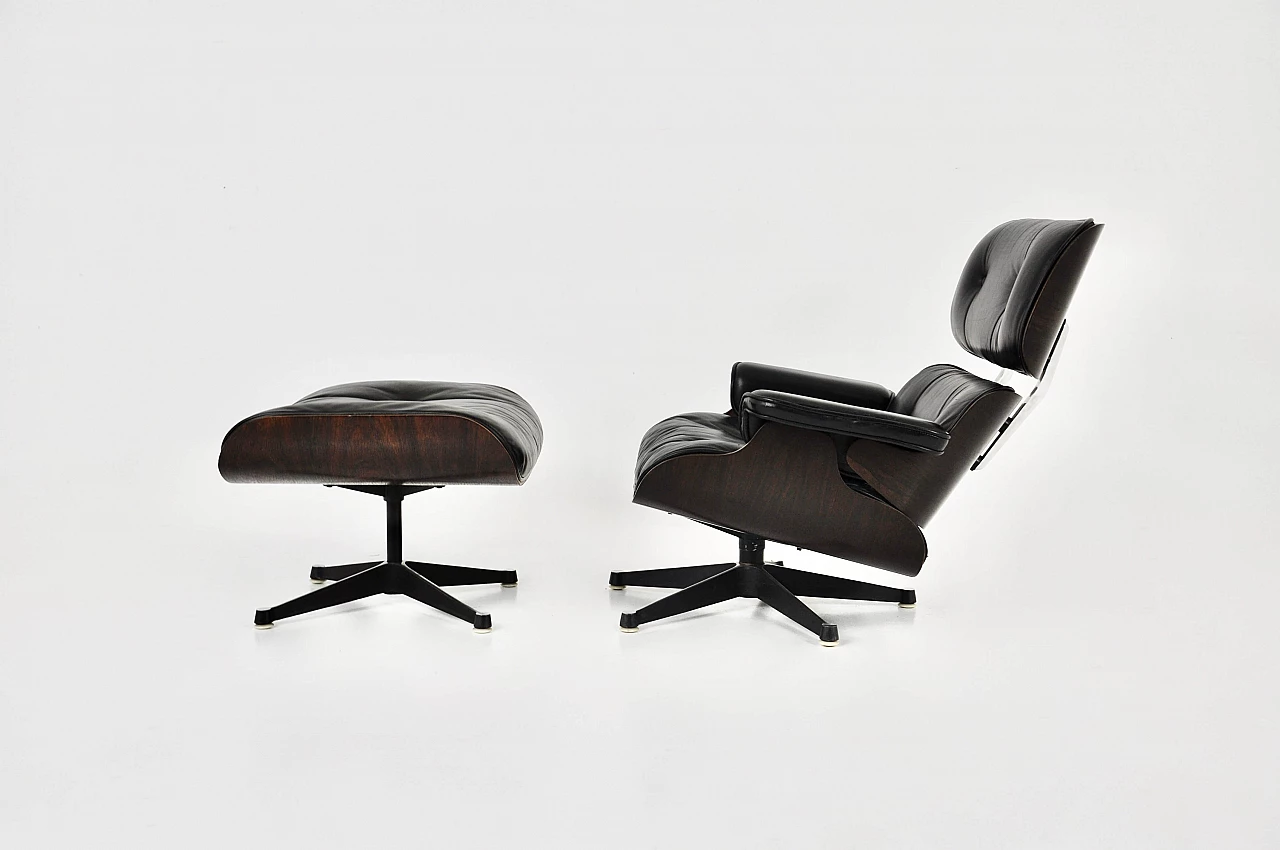 Black leather and wood armchair with ottoman by Charles and Ray Eames for ICF, 1970s 6