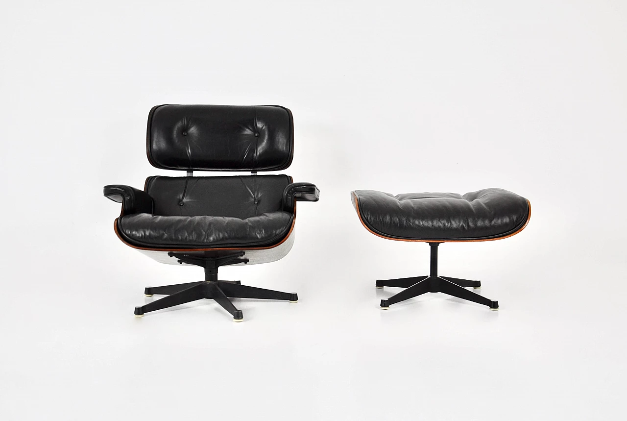Black leather and wood armchair with ottoman by Charles and Ray Eames for ICF, 1970s 7