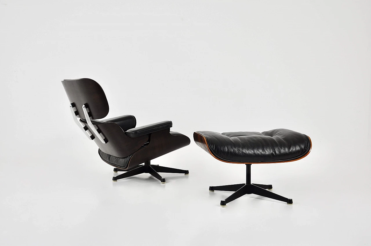 Black leather and wood armchair with ottoman by Charles and Ray Eames for ICF, 1970s 12