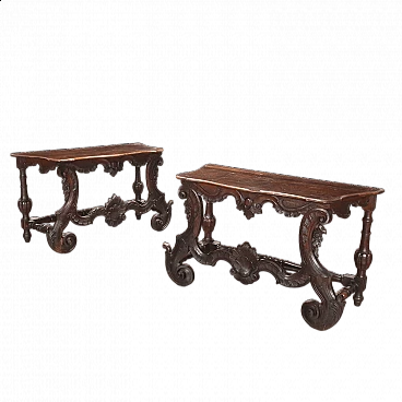 Pair of Baroque walnut console tables, early 18th century