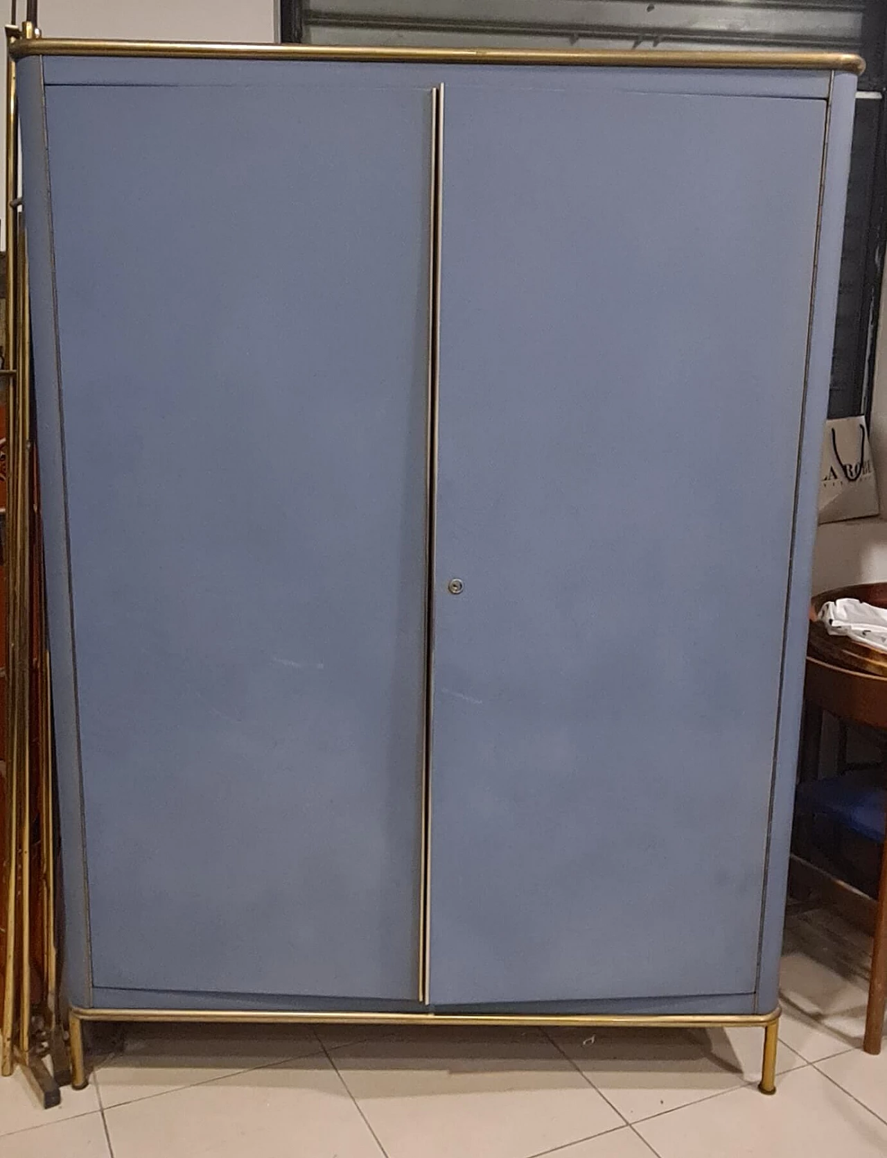 Light blue skai wardrobe with gilded metal borders, 1960s 1