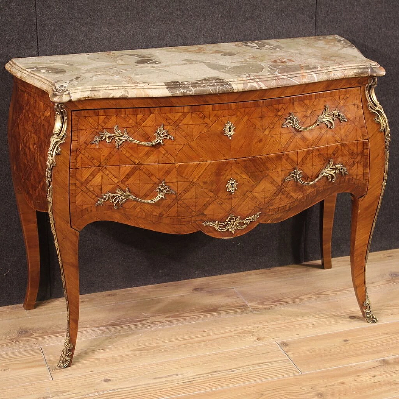 French Louis XV style inlaid wood dresser with marble top 1