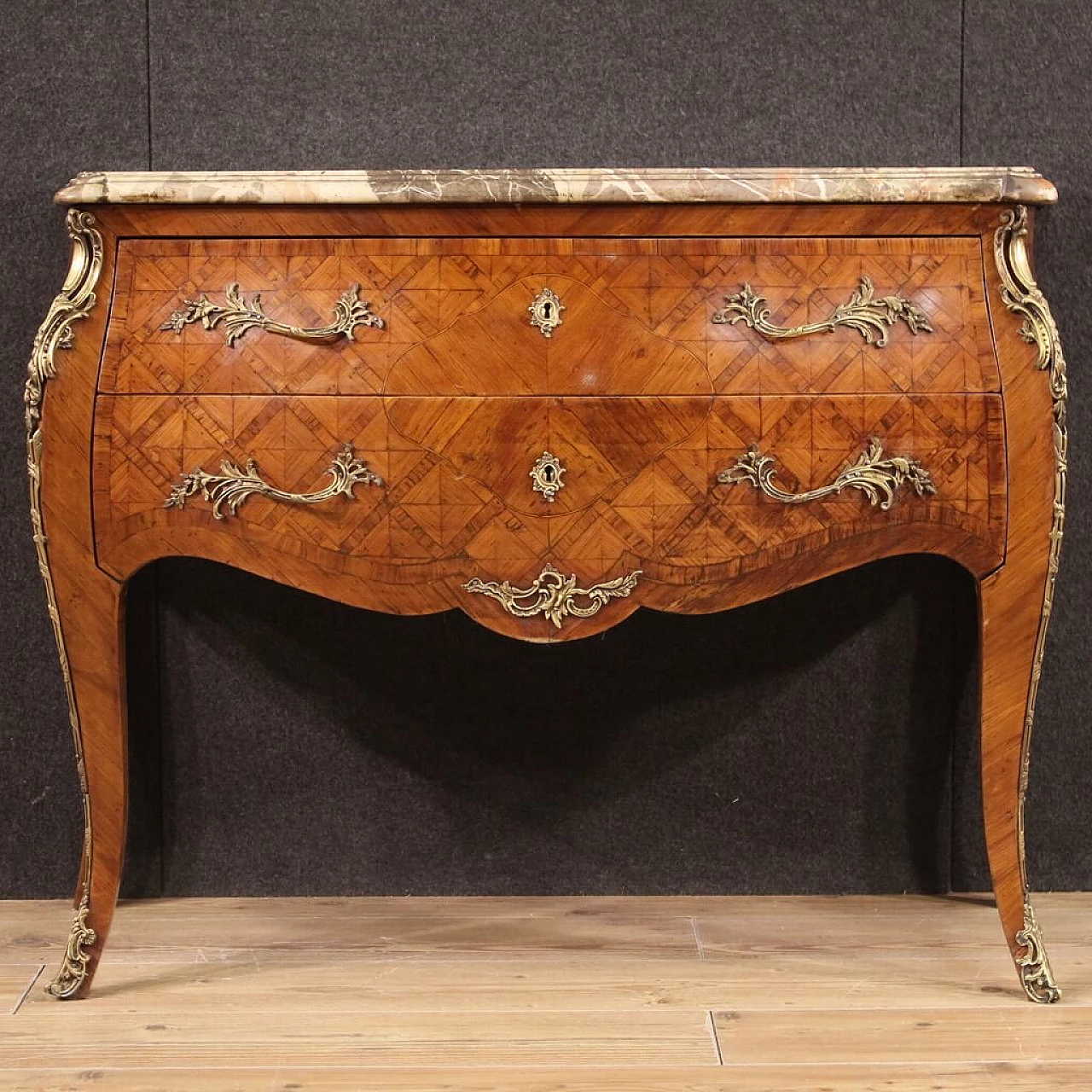 French Louis XV style inlaid wood dresser with marble top 2