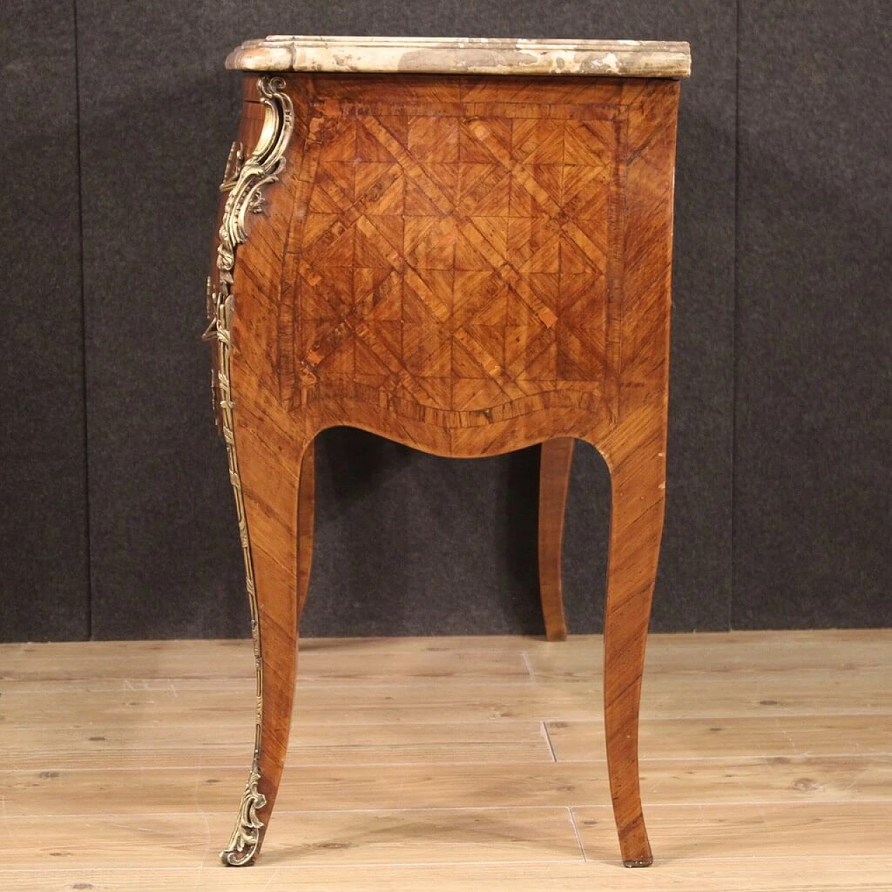 French Louis XV style inlaid wood dresser with marble top 4