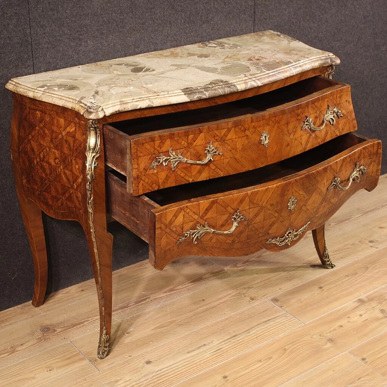 French Louis XV style inlaid wood dresser with marble top 5