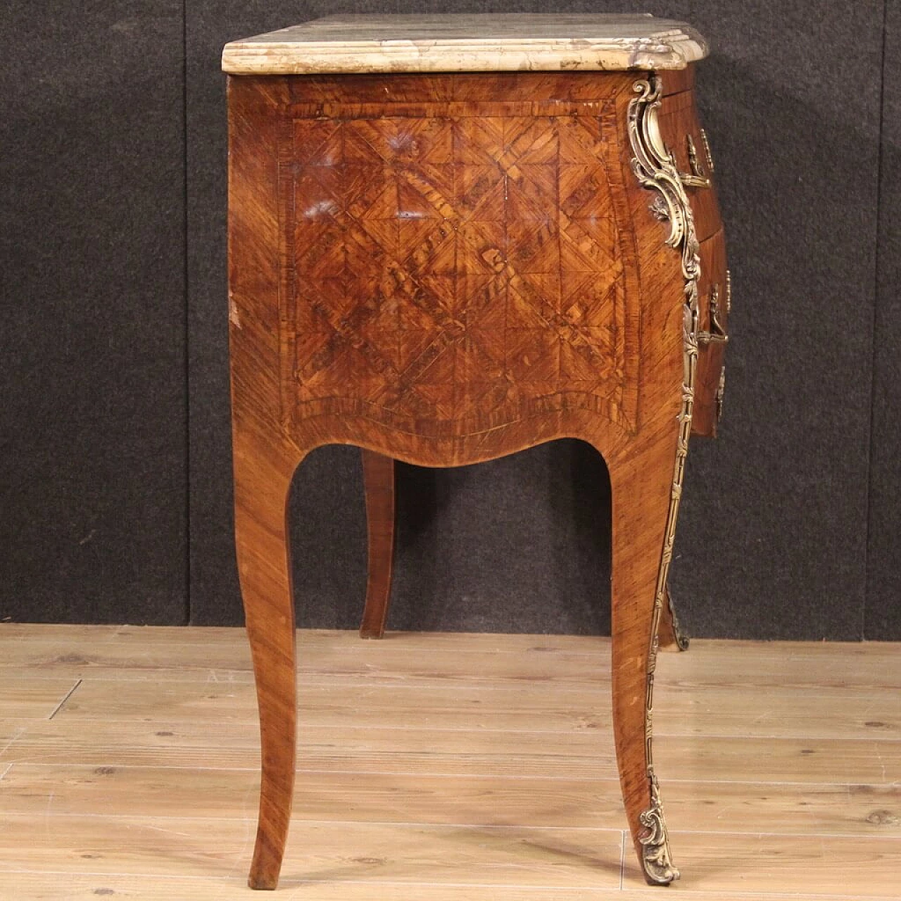 French Louis XV style inlaid wood dresser with marble top 10