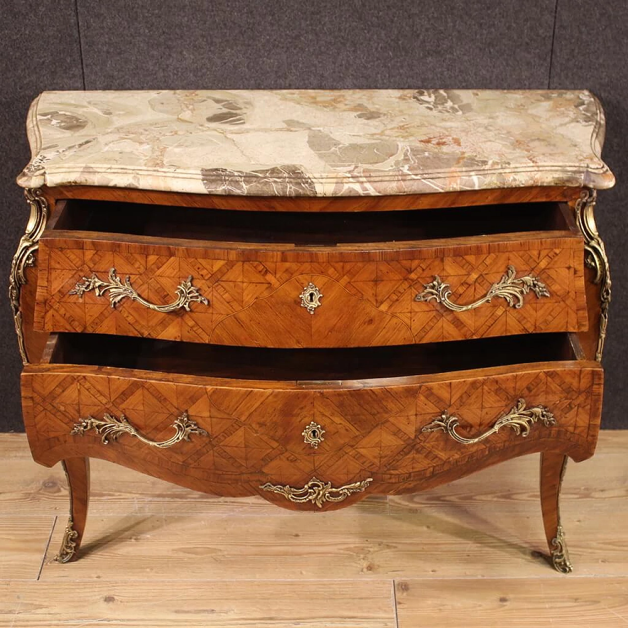 French Louis XV style inlaid wood dresser with marble top 11