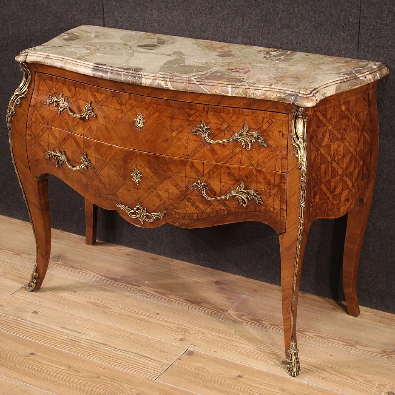 French Louis XV style inlaid wood dresser with marble top 12
