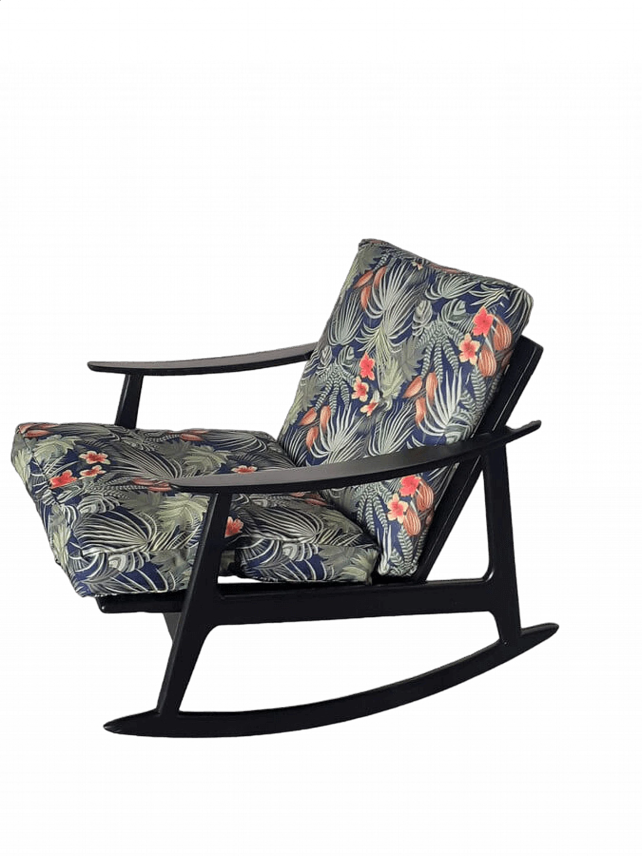 Wood and floral fabric rocking chair, 1950s 18