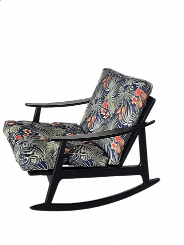 Sedia a dondolo in legno e tessuto floreale, anni '50