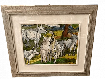 Giuseppe Serafini, Cows and horses in the pasture, oil on hardboard, 2000s