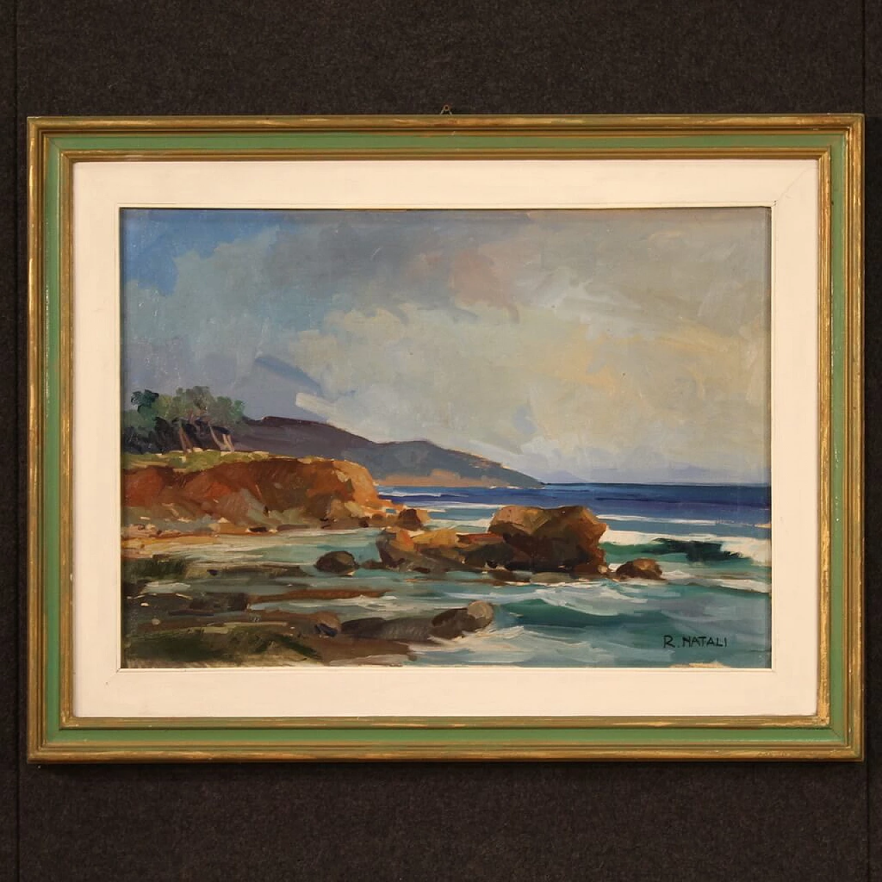 R. Natali, Paesaggio marino, olio su tela, anni '50 1