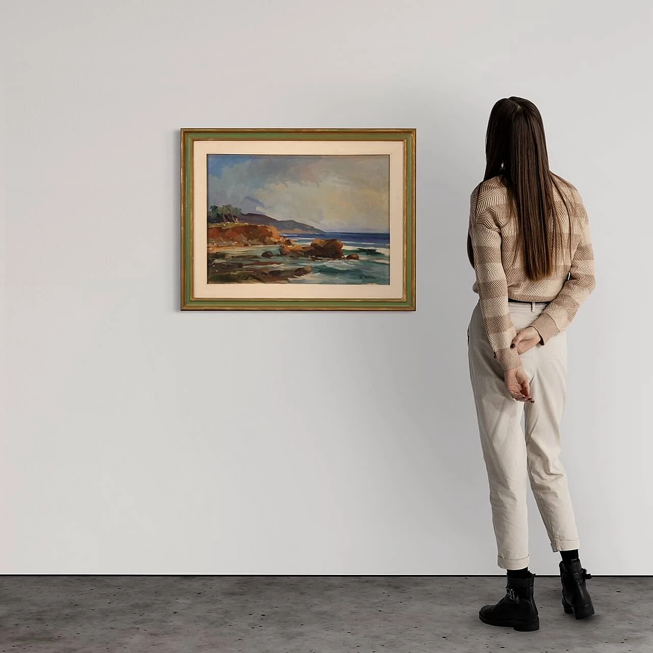 R. Natali, Paesaggio marino, olio su tela, anni '50 2