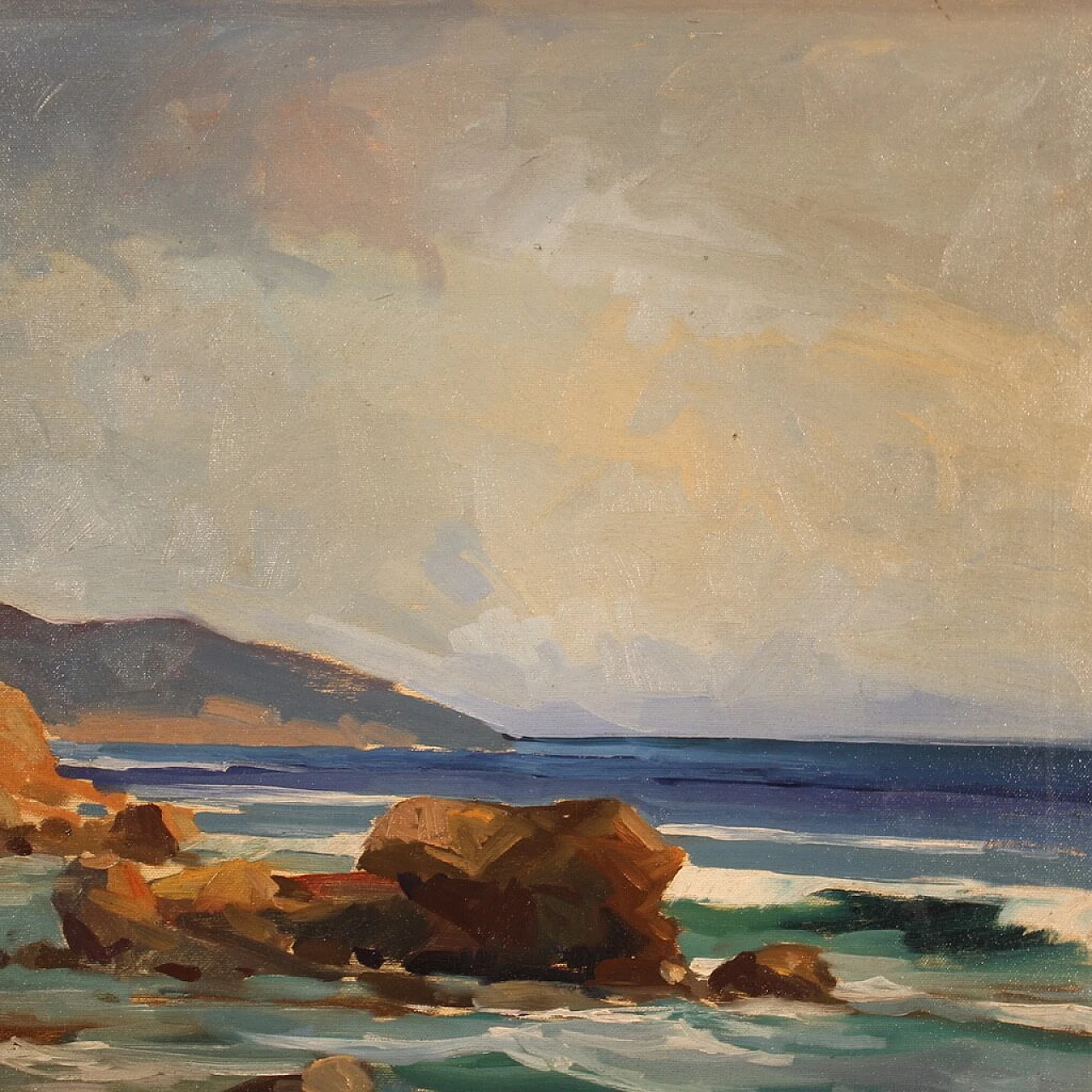 R. Natali, Paesaggio marino, olio su tela, anni '50 3