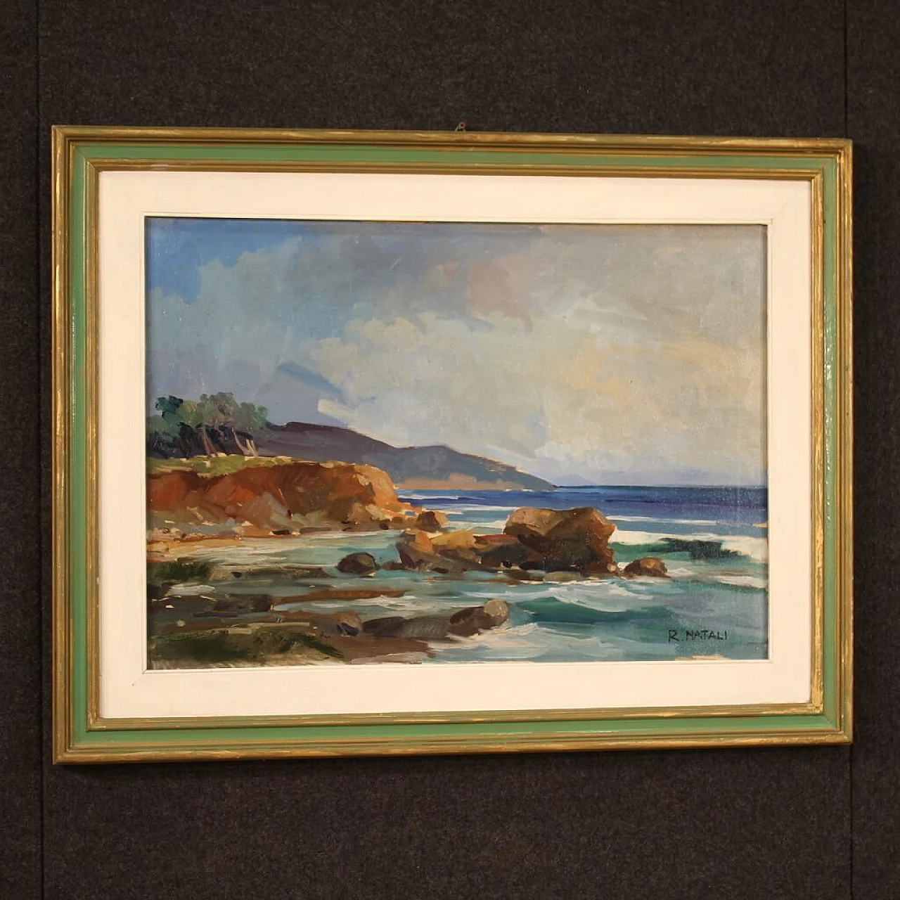 R. Natali, Paesaggio marino, olio su tela, anni '50 7