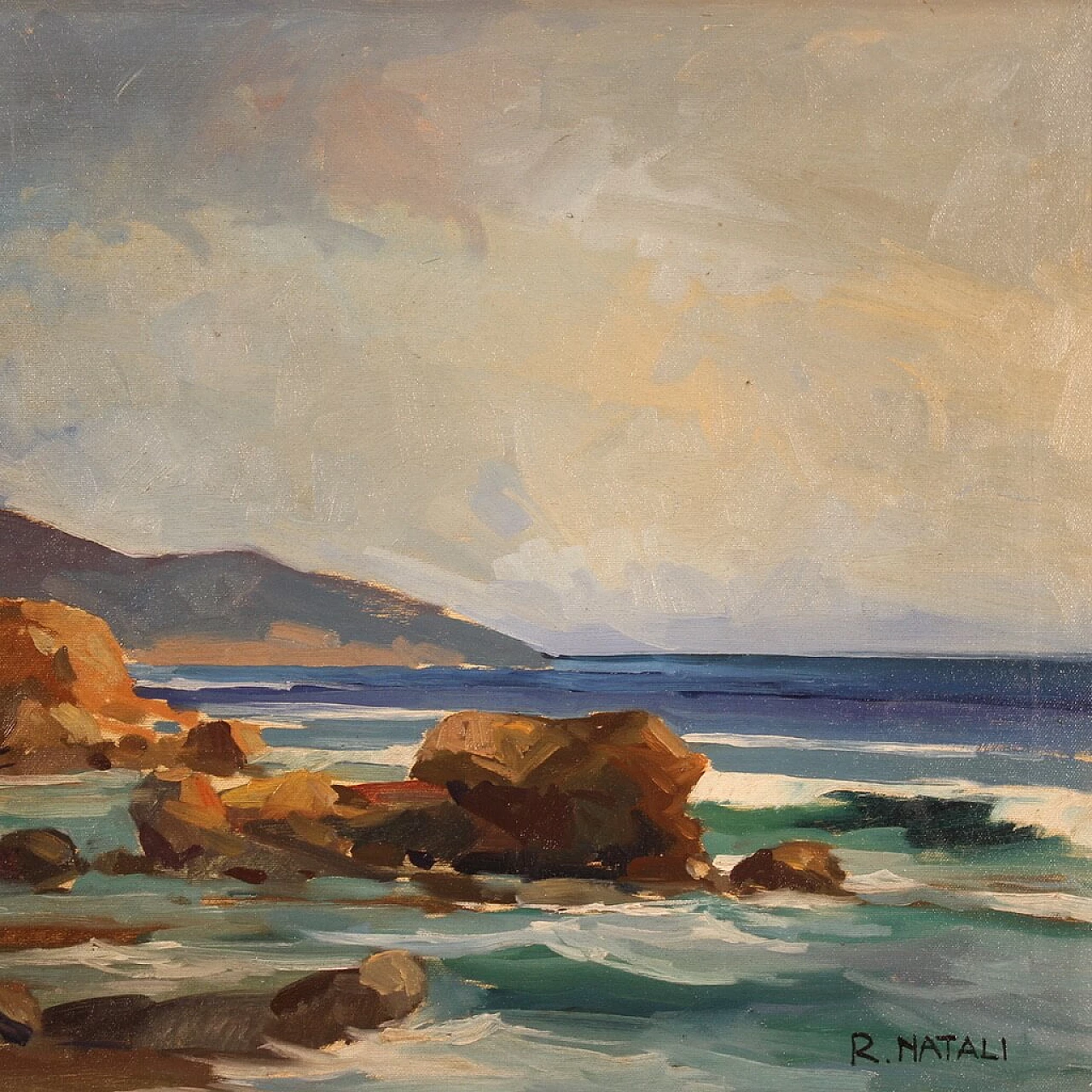 R. Natali, Paesaggio marino, olio su tela, anni '50 9