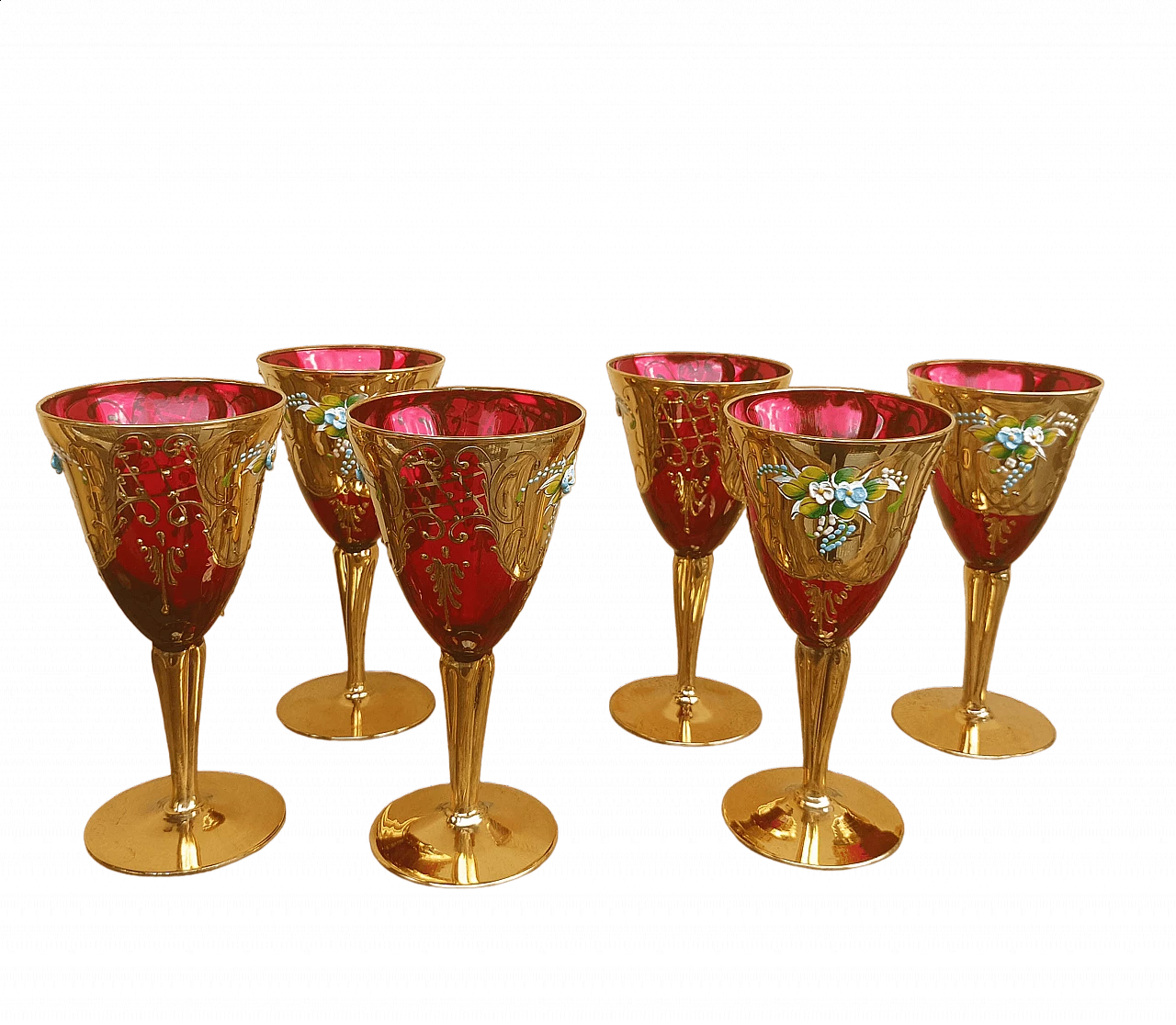 6 Ruby red and 24 carat gold Murano glass wine glasses by Tre Fuochi, 1960s 9