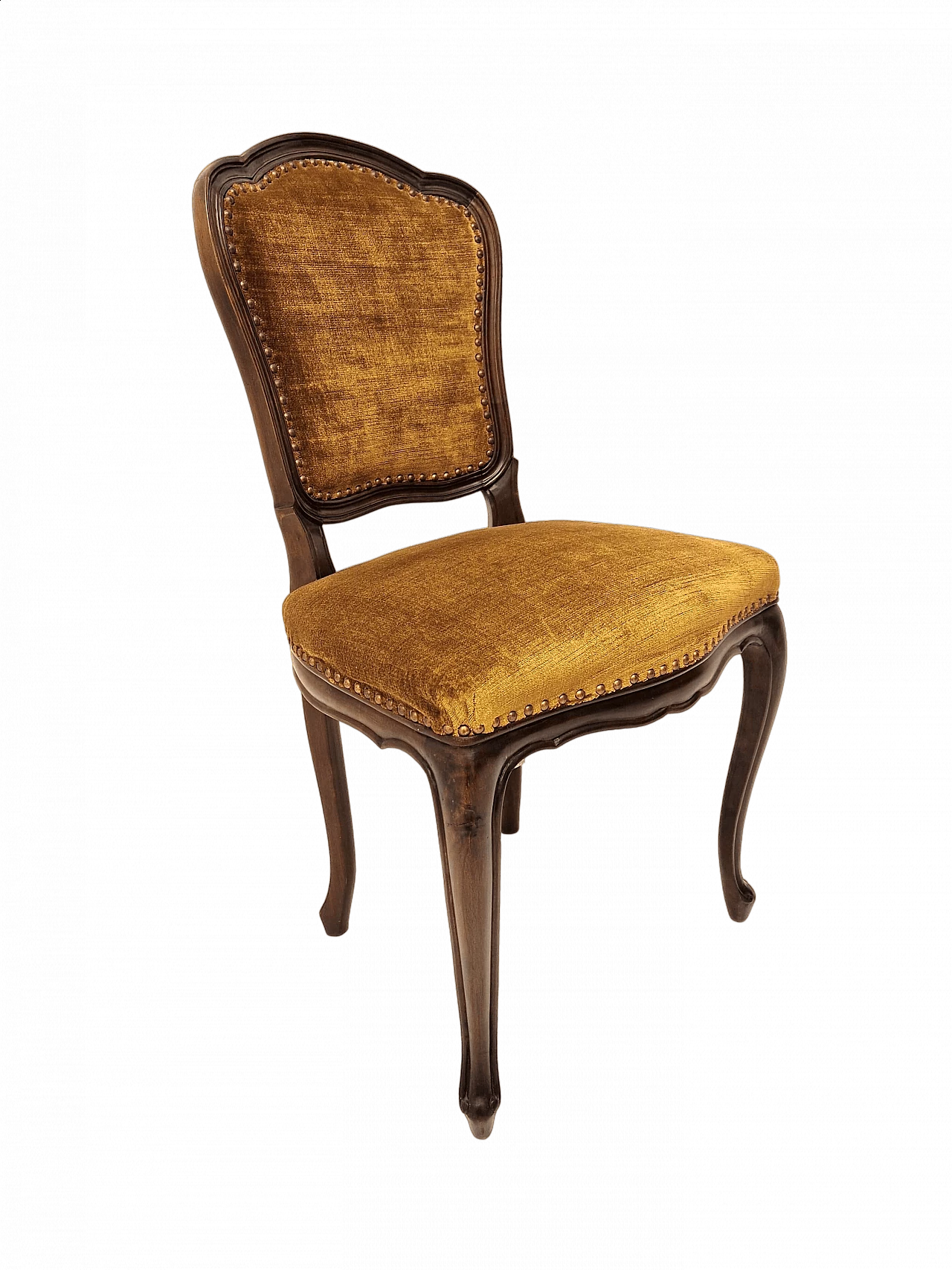 Louis XV style dark stained national walnut and mustard velvet chair 6
