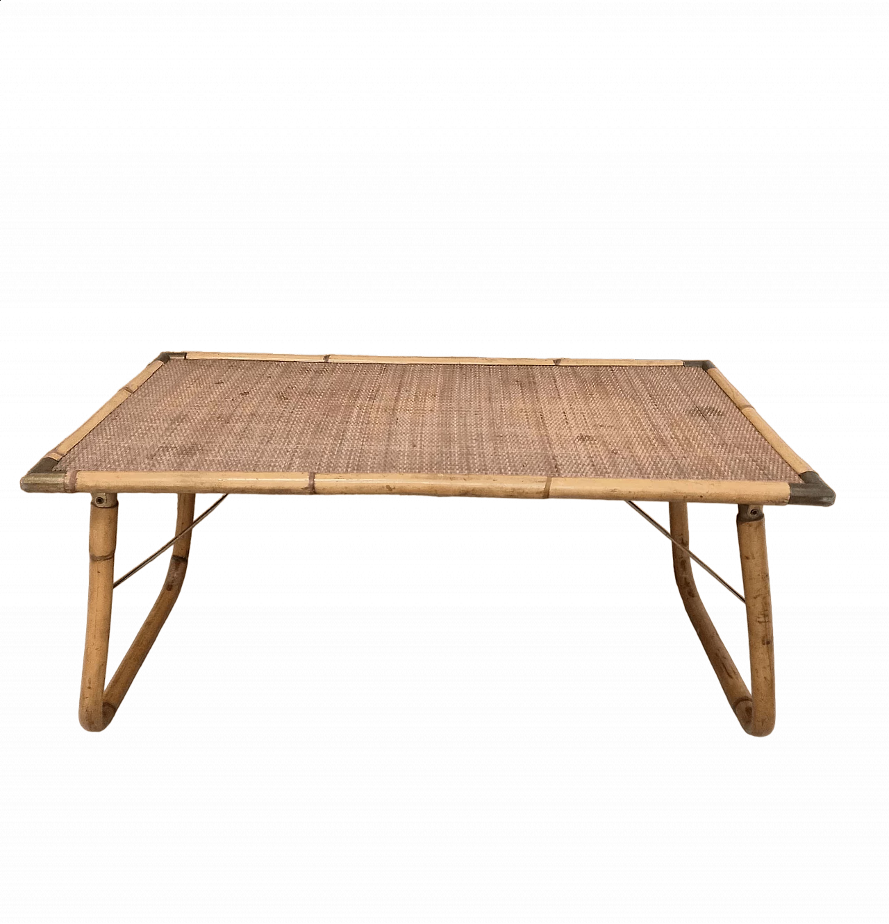 Tavolino pieghevole in legno, bambù e ottone, anni '70 8