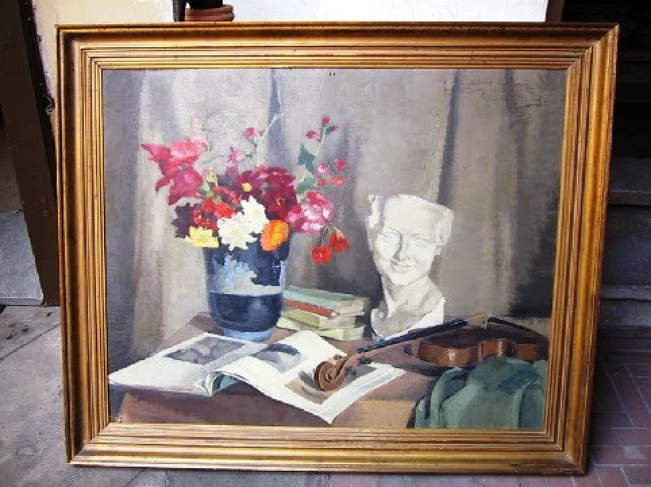 Reine Virely, natura morta con violino, dipinto a olio su tavola, 1937 2