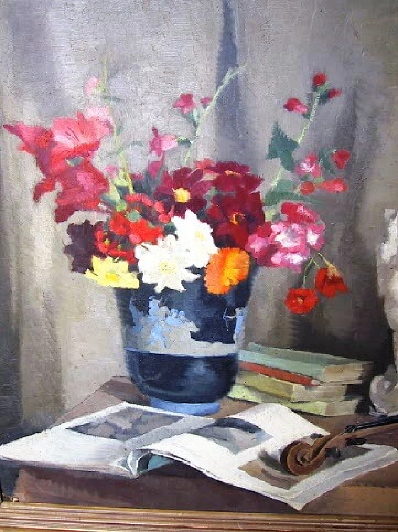 Reine Virely, natura morta con violino, dipinto a olio su tavola, 1937 3