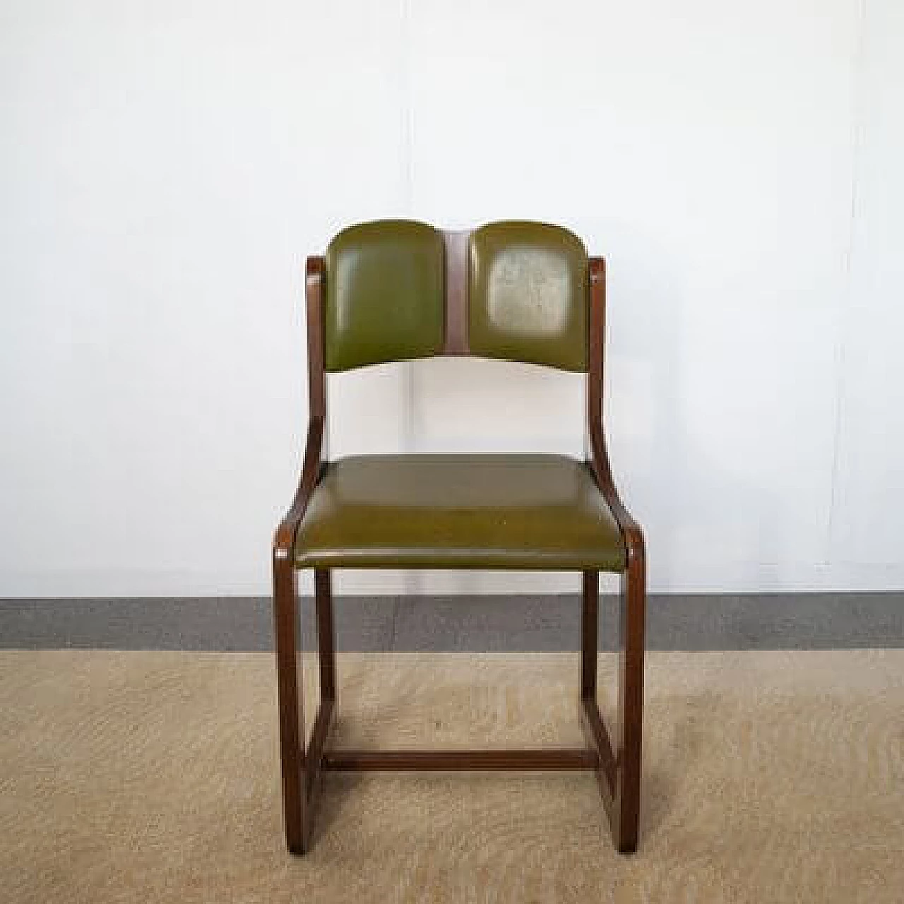 6 Wooden chairs with green leather seat and back, 1960s 1