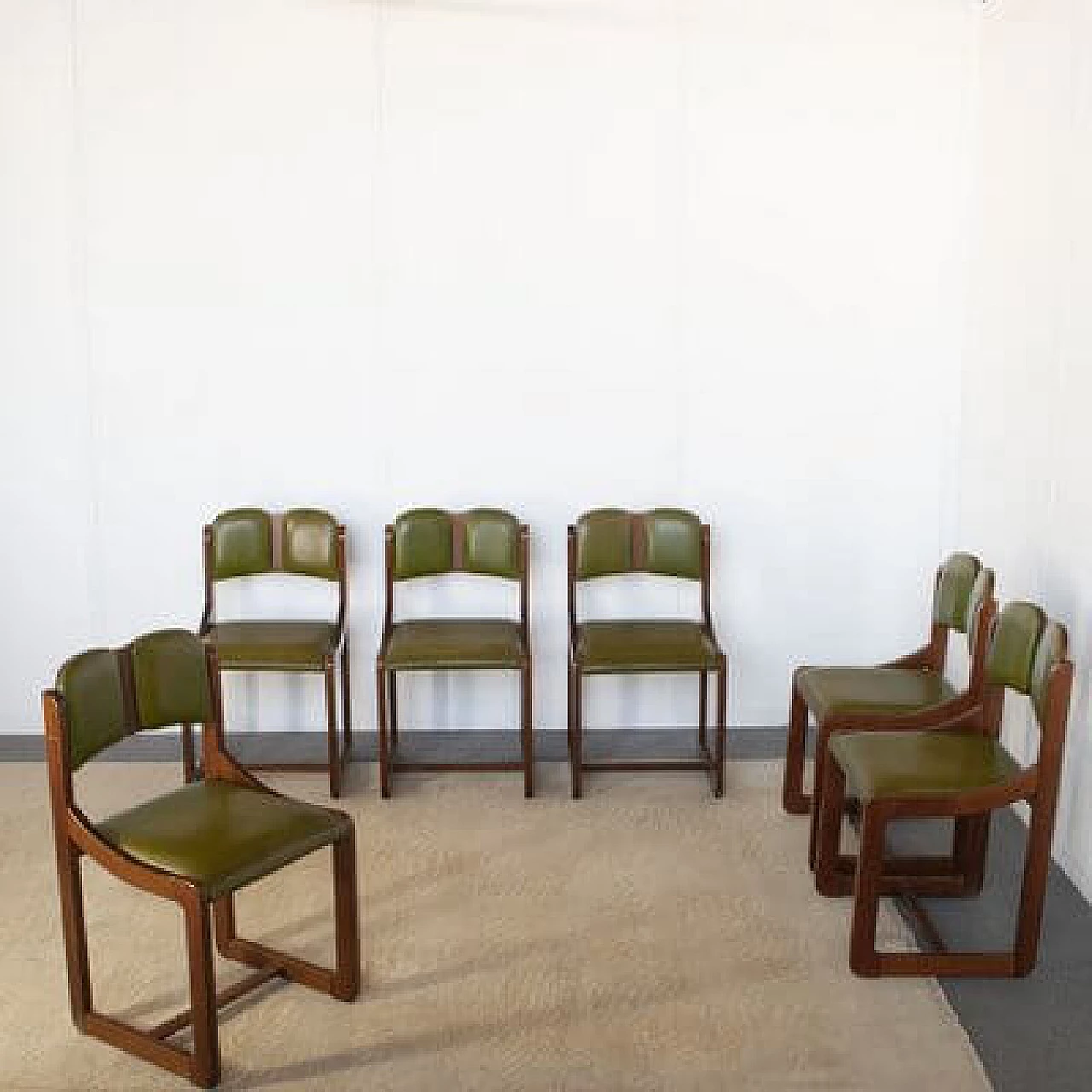 6 Wooden chairs with green leather seat and back, 1960s 2