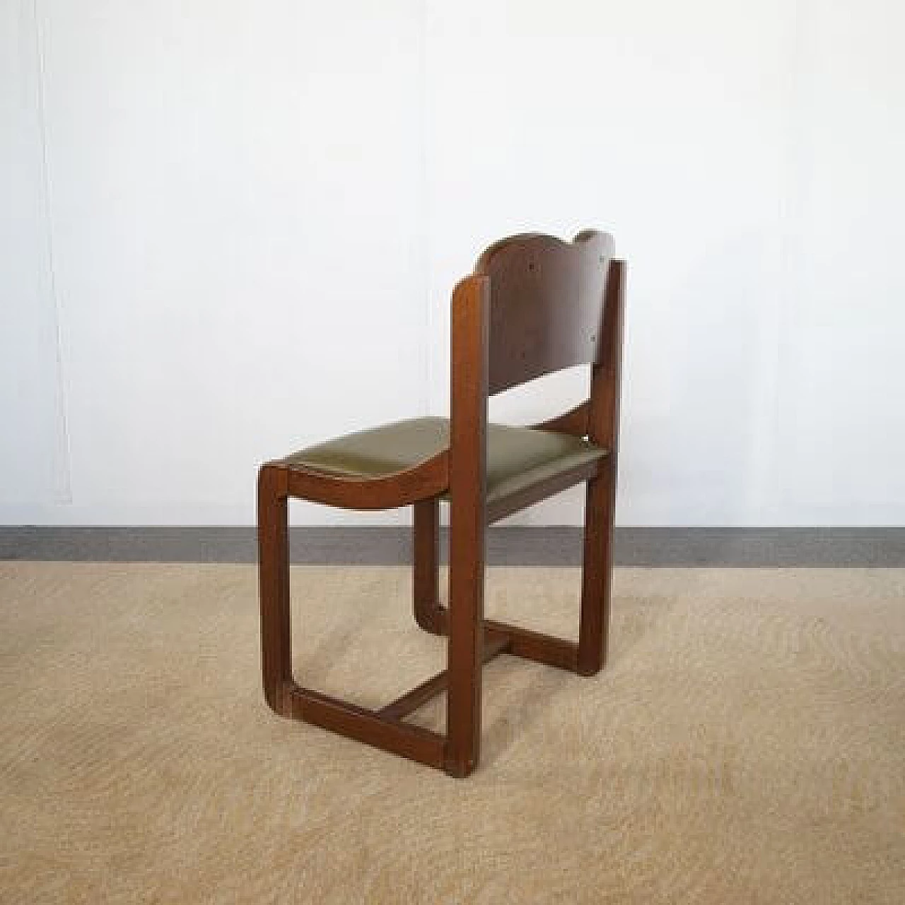 6 Wooden chairs with green leather seat and back, 1960s 4