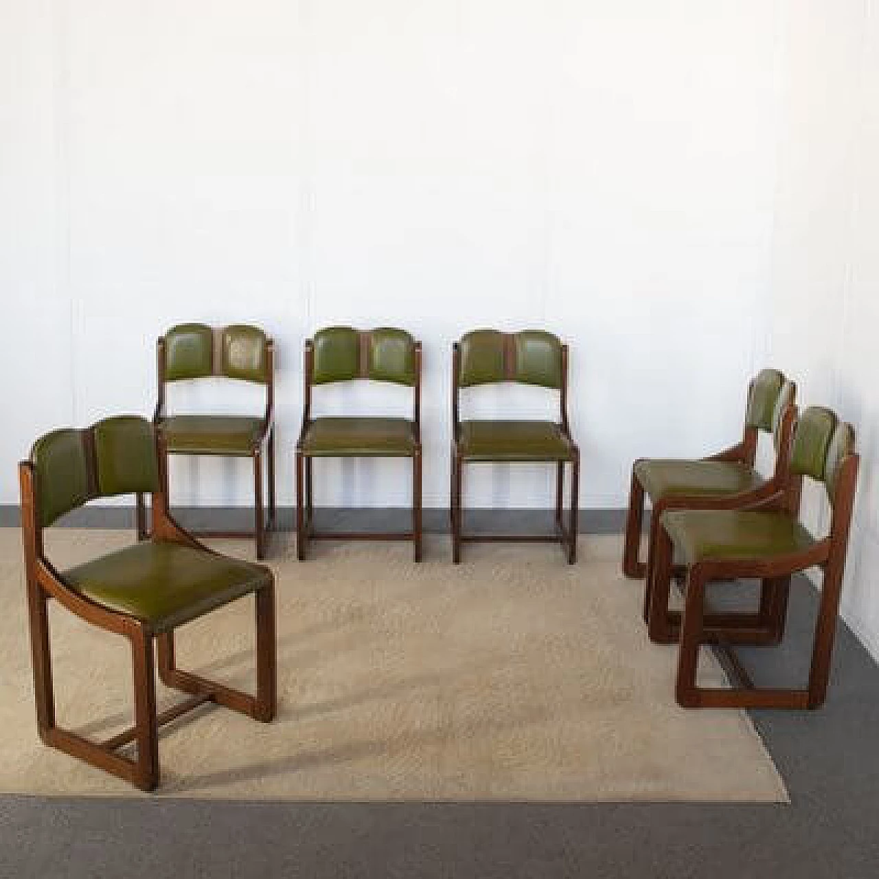 6 Wooden chairs with green leather seat and back, 1960s 6