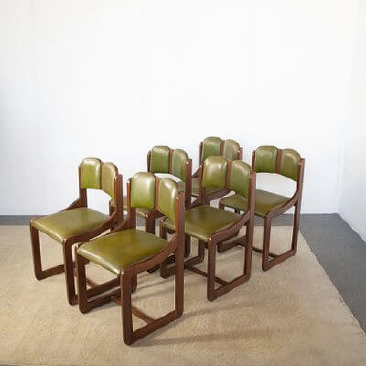 6 Wooden chairs with green leather seat and back, 1960s 7