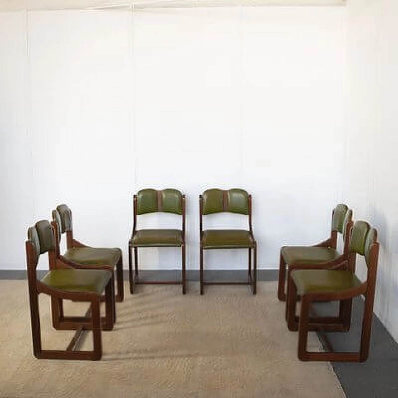 6 Wooden chairs with green leather seat and back, 1960s 8