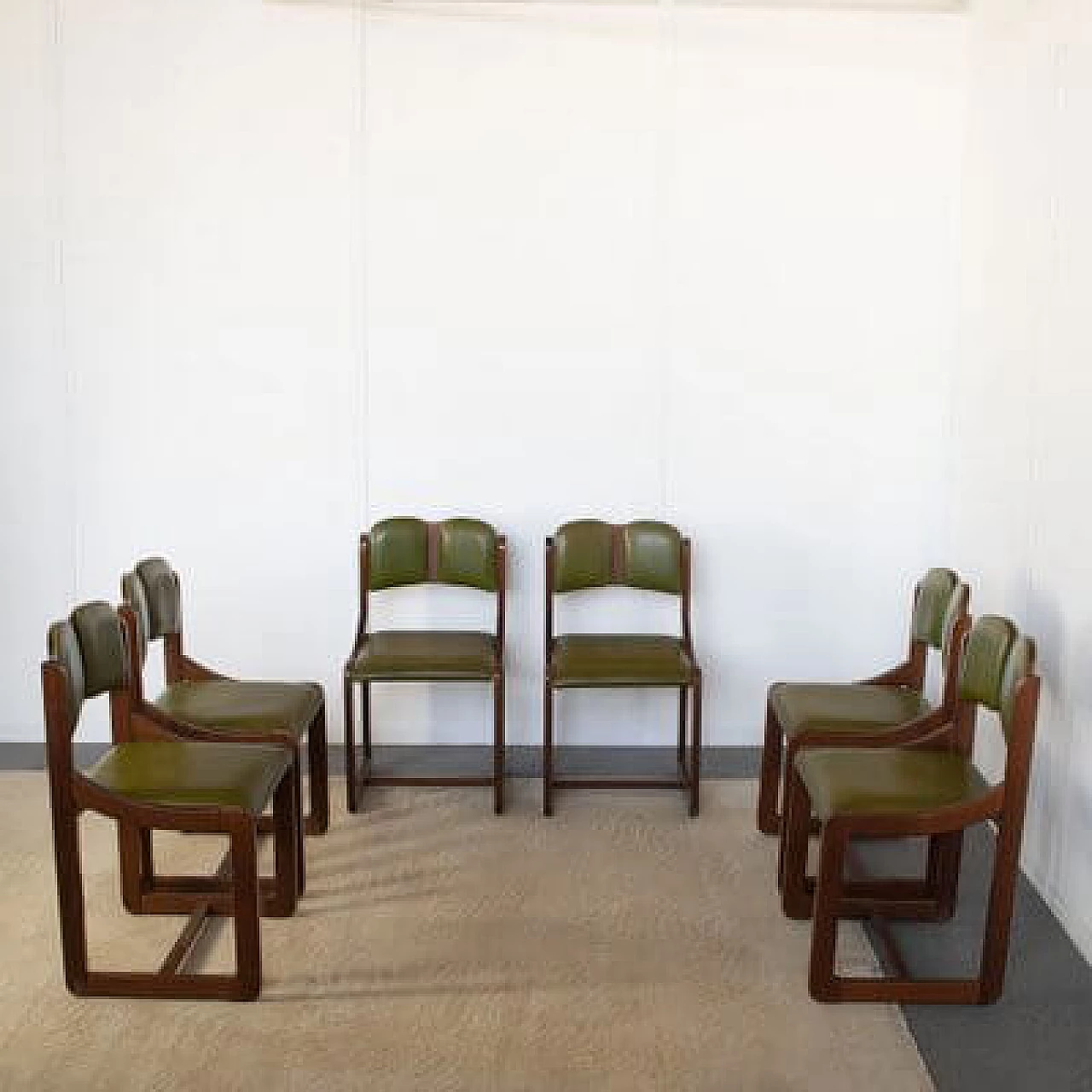 6 Wooden chairs with green leather seat and back, 1960s 9