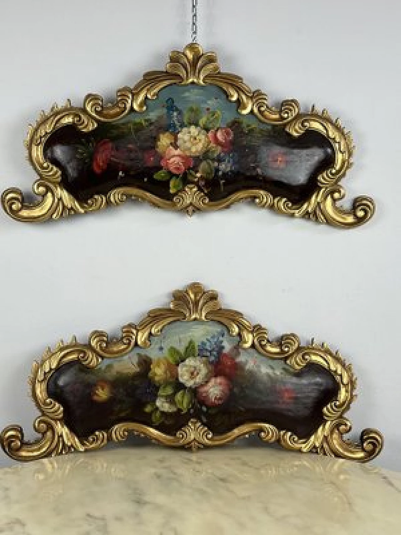 Pair of hand-painted over-door panels, 1940s 1