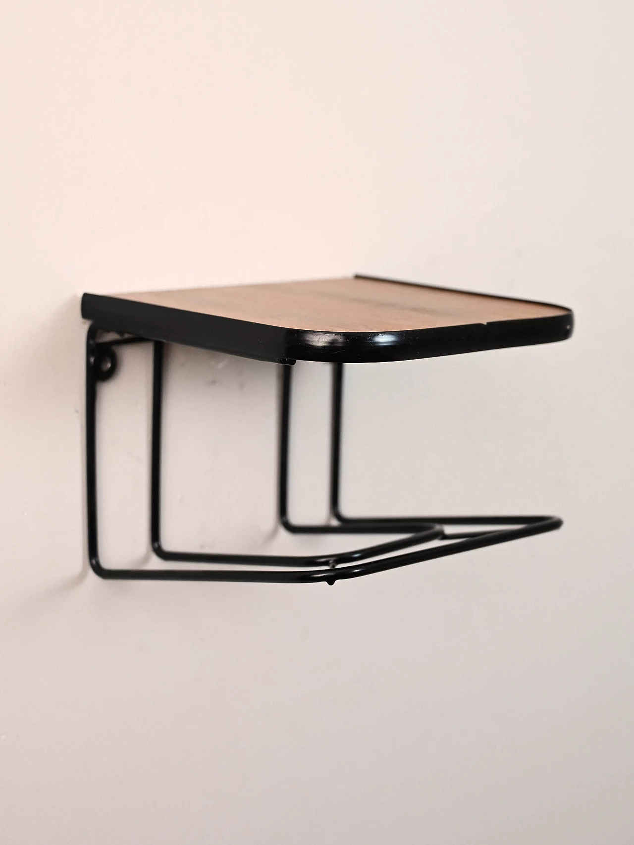 Scandinavian black metal hanging bedside table with teak top, 1960s 3