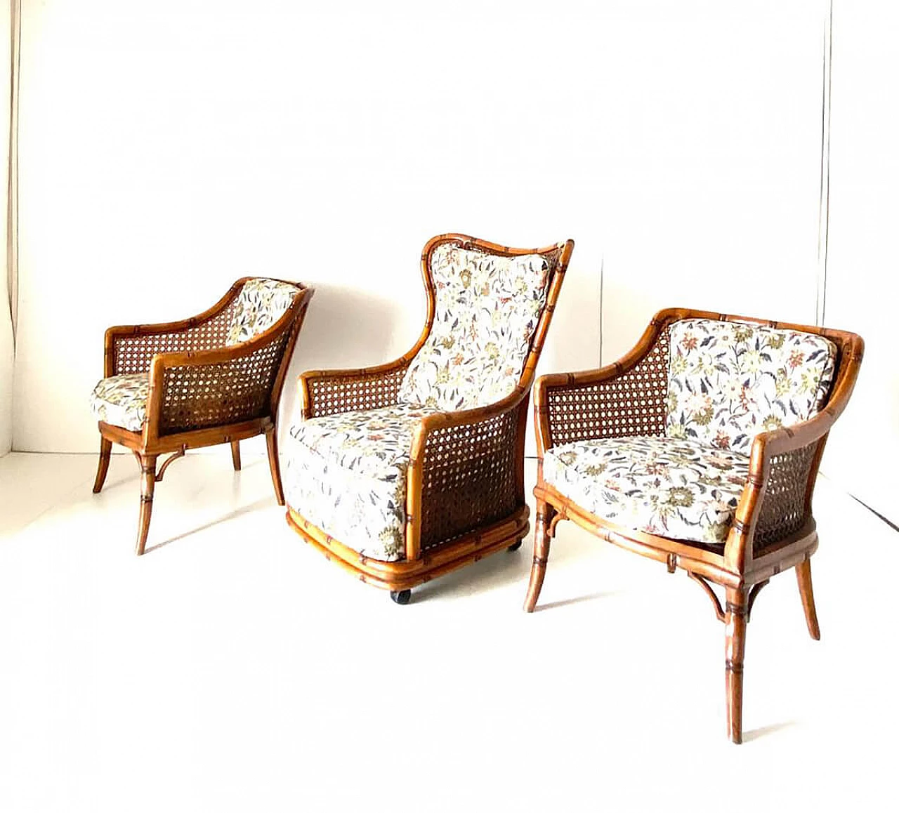3 Faux bamboo and wicker armchairs by Giorgetti, 1970s 1
