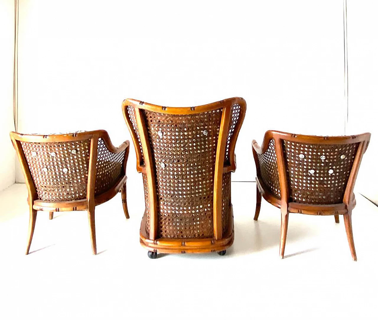 3 Faux bamboo and wicker armchairs by Giorgetti, 1970s 2