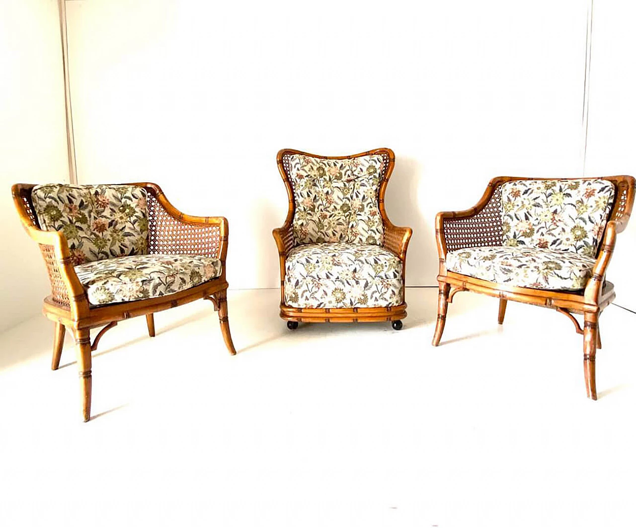 3 Faux bamboo and wicker armchairs by Giorgetti, 1970s 3