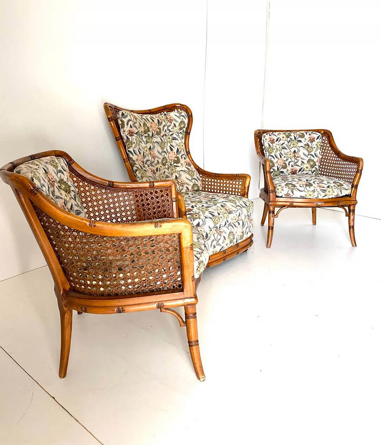 3 Faux bamboo and wicker armchairs by Giorgetti, 1970s 4