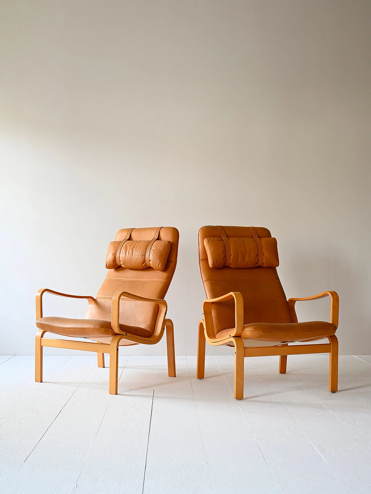 Pair of birch armchairs with cushions, 1980s 1