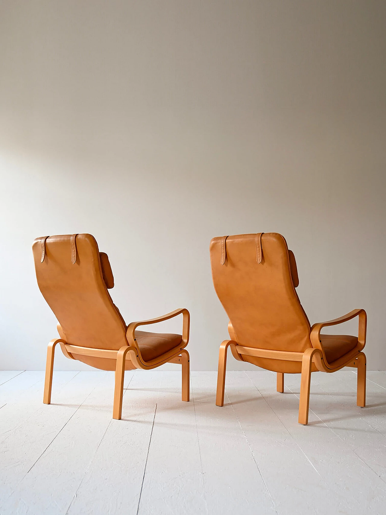 Pair of birch armchairs with cushions, 1980s 4