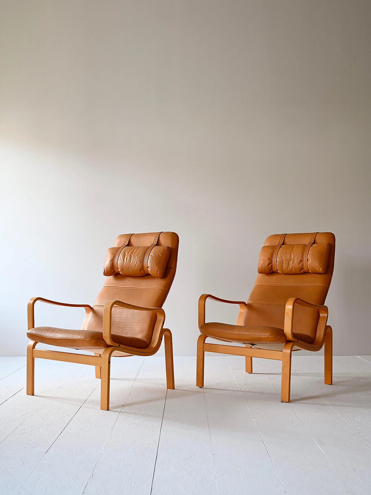 Pair of birch armchairs with cushions, 1980s 5