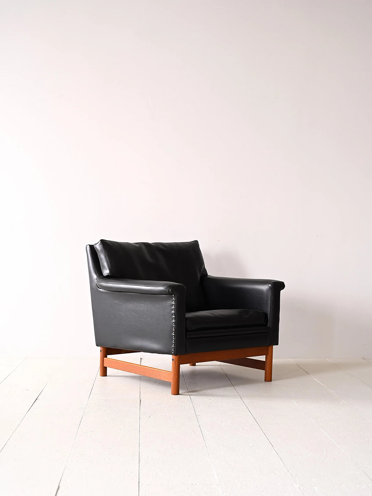 Scandinavian wood and black leatherette armchair, 1960s 1