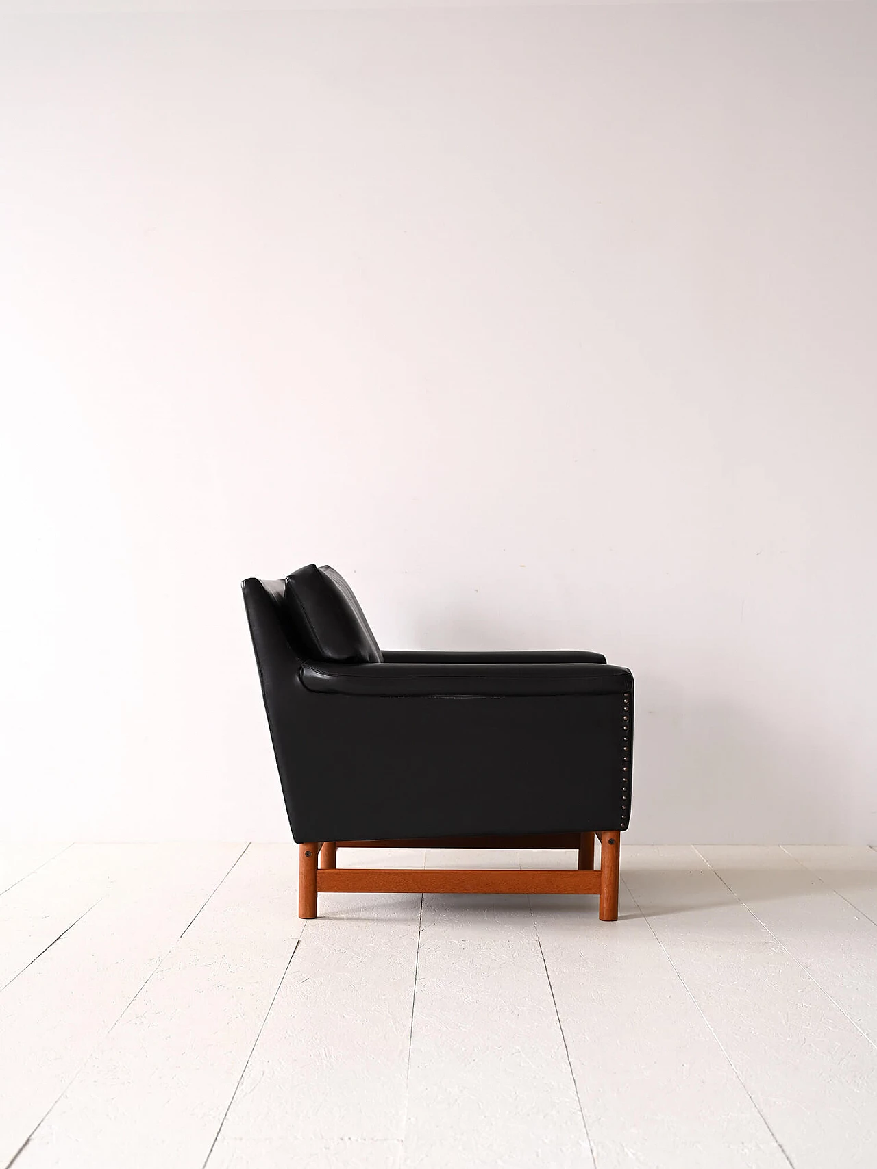 Scandinavian wood and black leatherette armchair, 1960s 2
