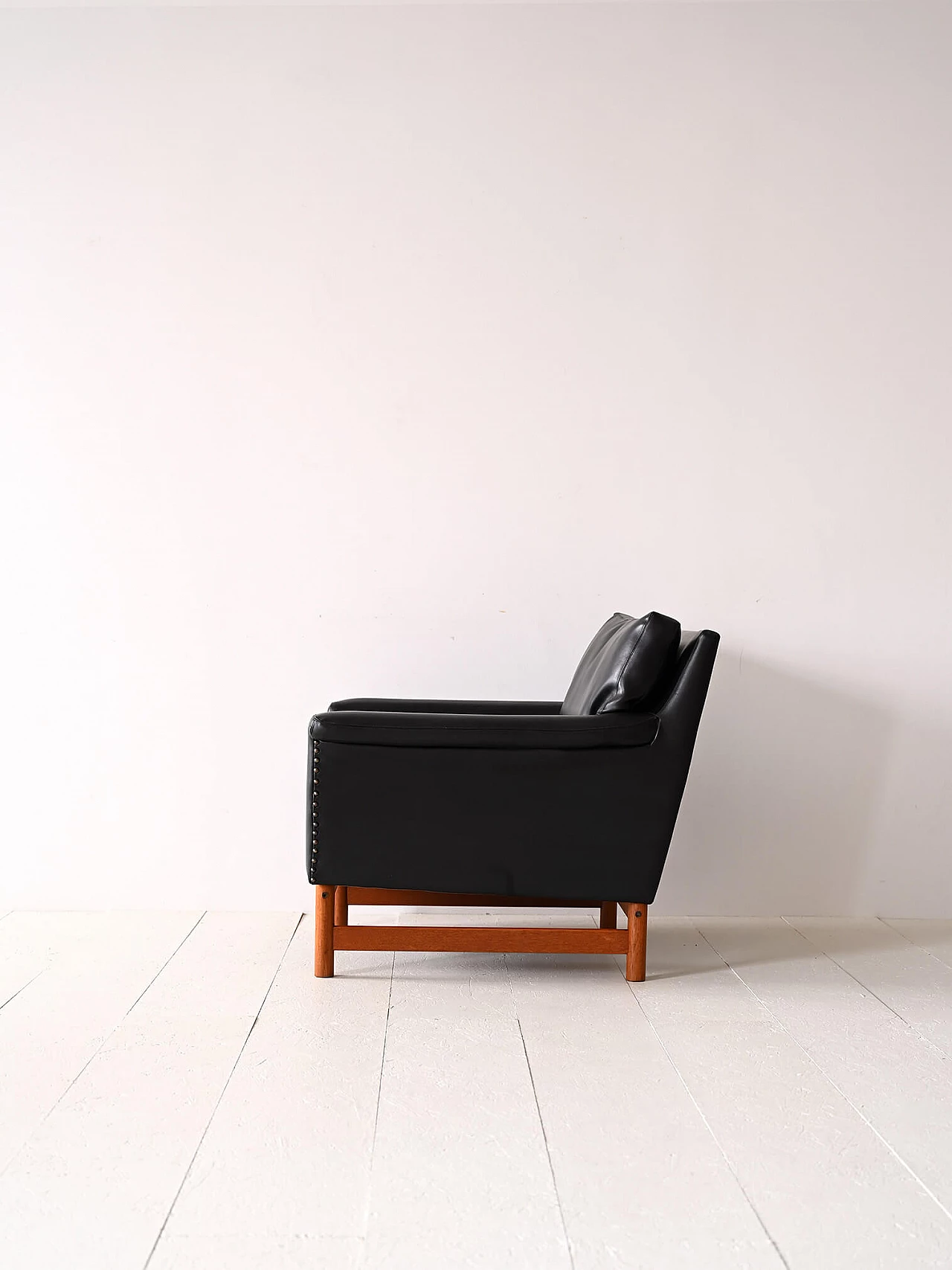 Scandinavian wood and black leatherette armchair, 1960s 3