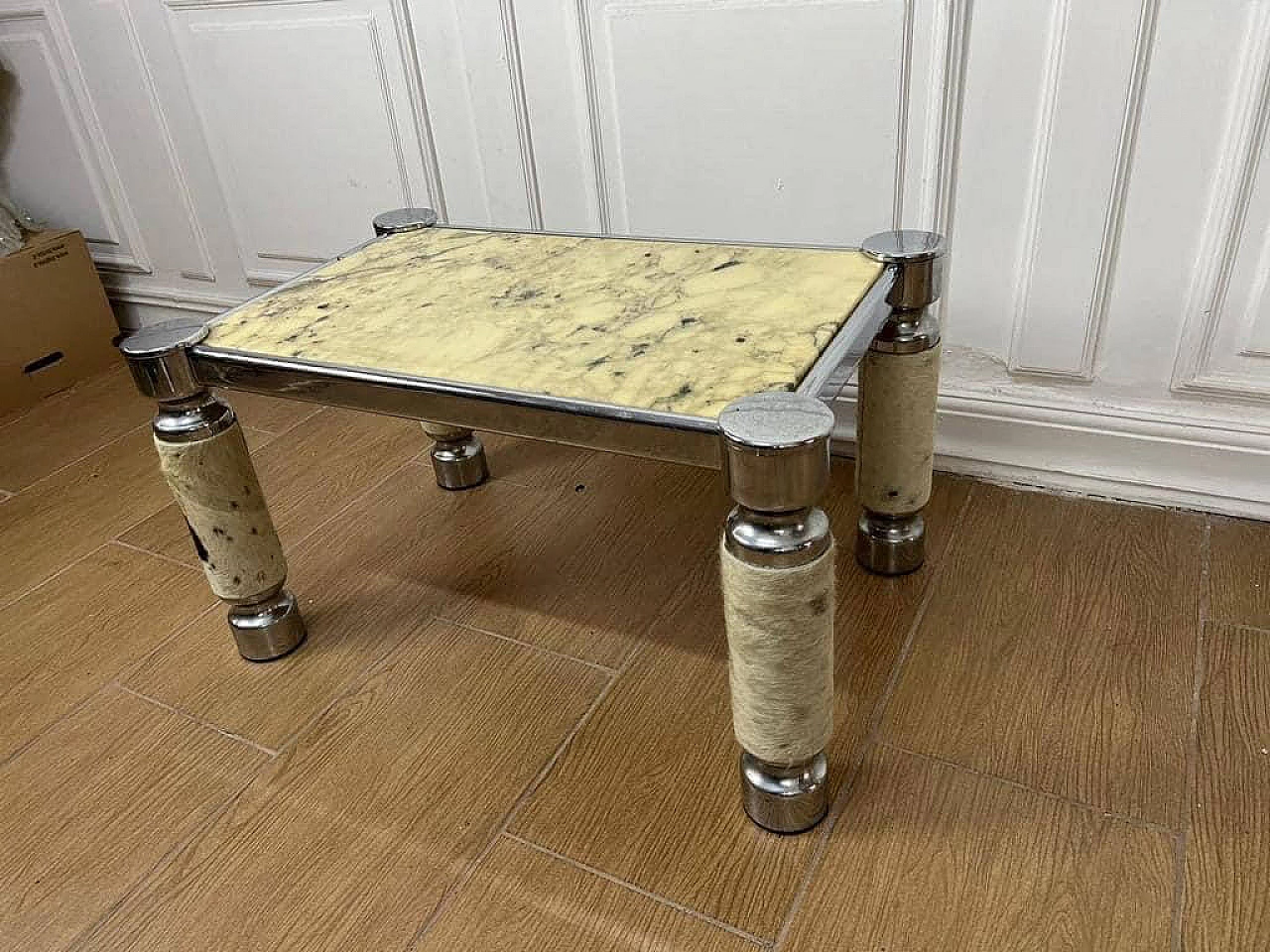 Metal, leather and alabaster coffee table, 1970s 2
