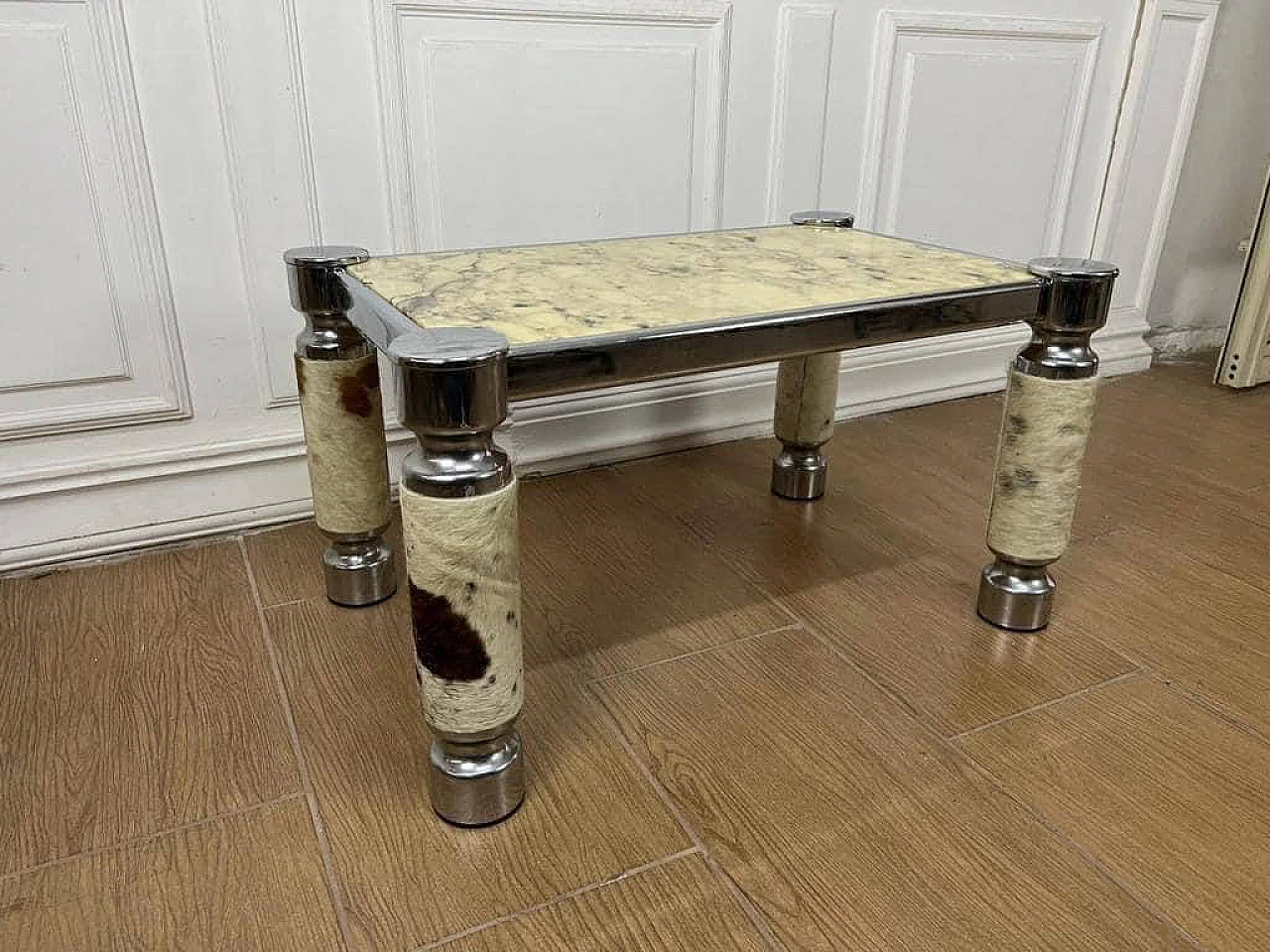 Metal, leather and alabaster coffee table, 1970s 5