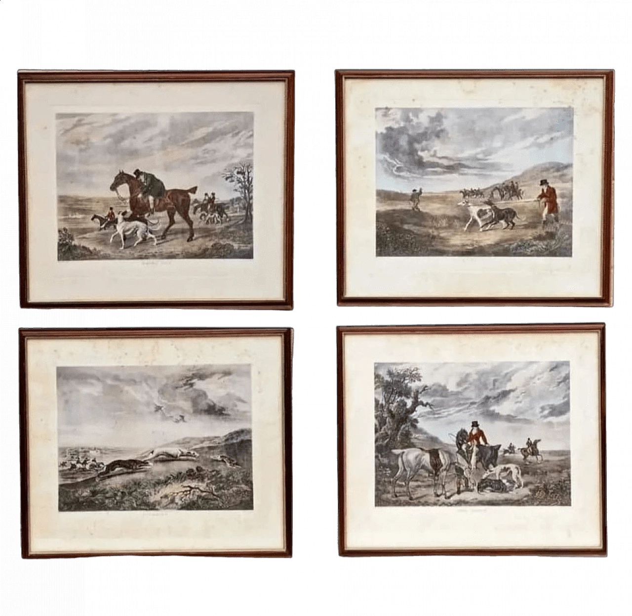 4 Watercolor lithographies with hare hunting, late 19th century 12