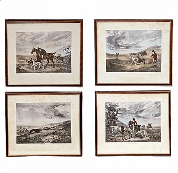 4 Watercolor lithographies with hare hunting, late 19th century