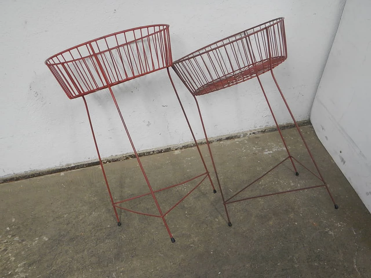 Pair of red plastic-coated metal display baskets, 1960s 3