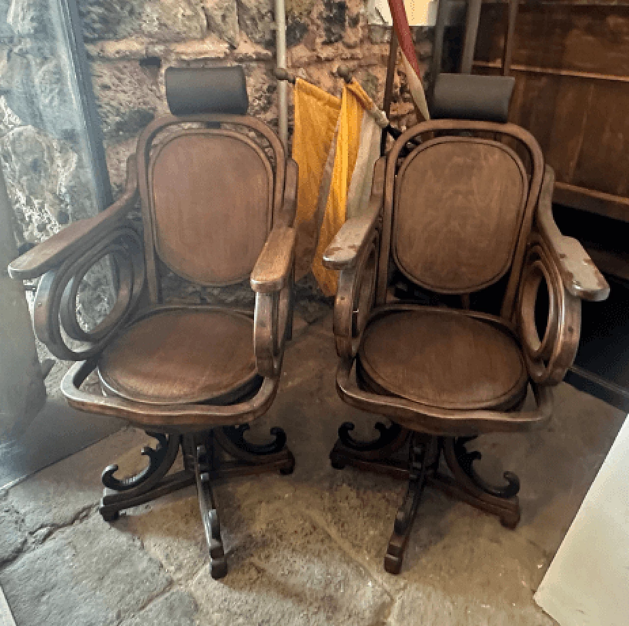 Pair of Art Nouveau barber swivel armchairs, early 20th century 2